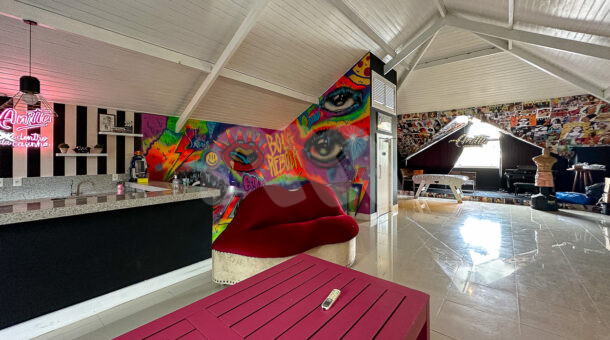 Sotão de Casa à venda com paredes decoradas com pichação, área em estudio e sofá em formato de boca