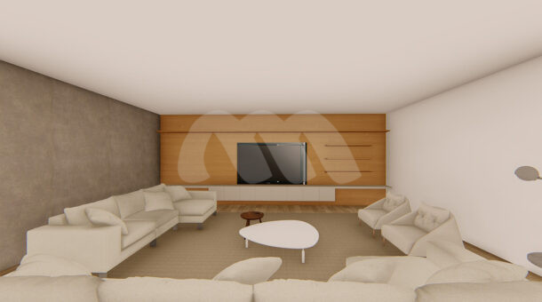 Imagem de sala de tv com sofá e painel de tv em madeira da casa triplex a venda na barra