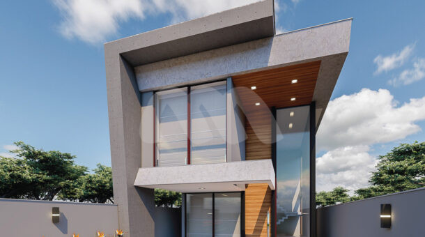 Imagem de fachada de casa contemporanea com janelas em vidro, paisagismo e iluminação planejada