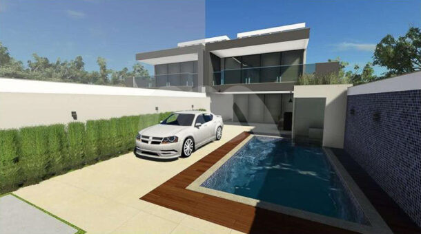 Imagem de projeto de casa triplex com garagem para dois carros, piscina e sauna