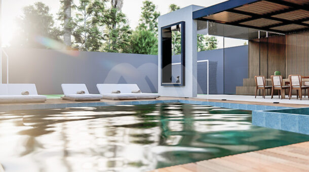 Imagem da área externa com piscina da casa Maravilhoso Triplex Contemporâneo à venda no Mansões