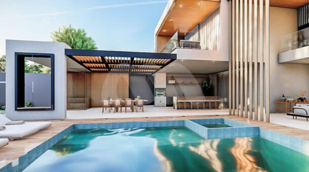 Imagem da área externa com piscina e área gourmet da casa Maravilhoso Triplex Contemporâneo à venda no Mansões