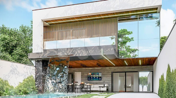 Imagem fachada de casa duplex em projeto à venda no Parque das palmeiras no recreio