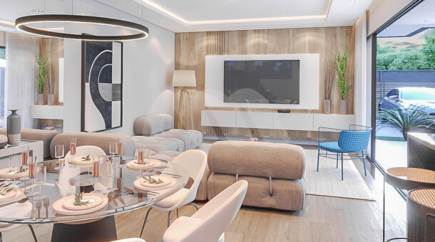 Imagem de ampla sala de estar em conceito aberto da Casa Duplex contemporânea à venda no Renew Life Residences
