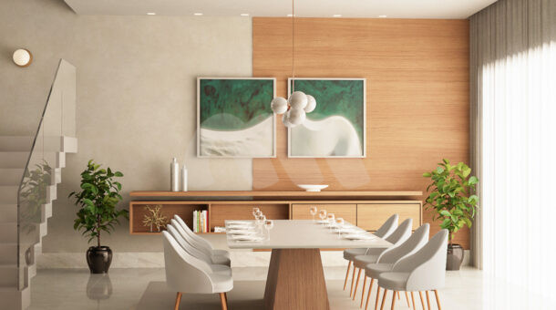 imagem da sala de jantar com ampla mesa da triplex à venda no Itanhangá no condomínio Jardim do Itanhangá