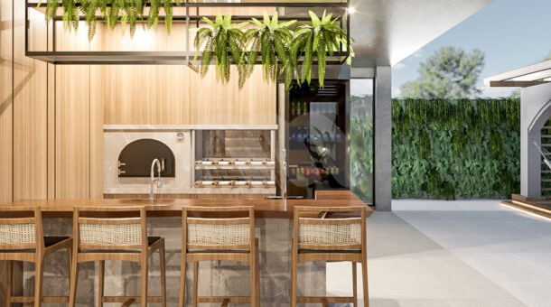 Imagem de area gourmet com bancada e ilha da Casa Duplex contemporânea à venda no Recreio dos Bandeirantes