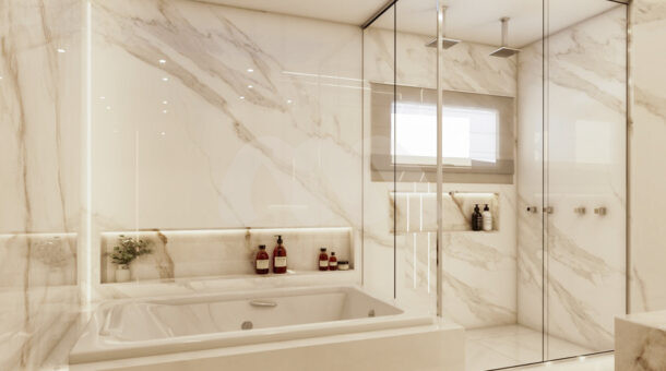 Imagem de banheiro de suite com hidrmassagem e box duplo da Casa Duplex contemporânea à venda no Recreio dos Bandeirantes