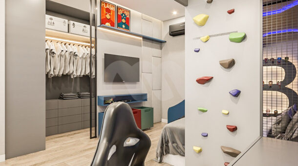 Imagem de quarto infantil planejado da Casa Duplex contemporânea à venda no Recreio dos Bandeirantes