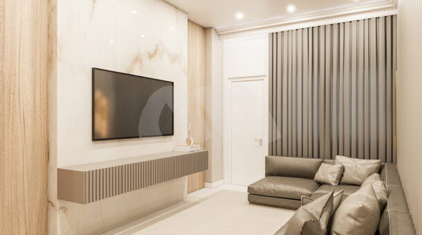 Imagem de sala intima com tv e sofá da Casa Duplex contemporânea à venda no Recreio dos Bandeirantes